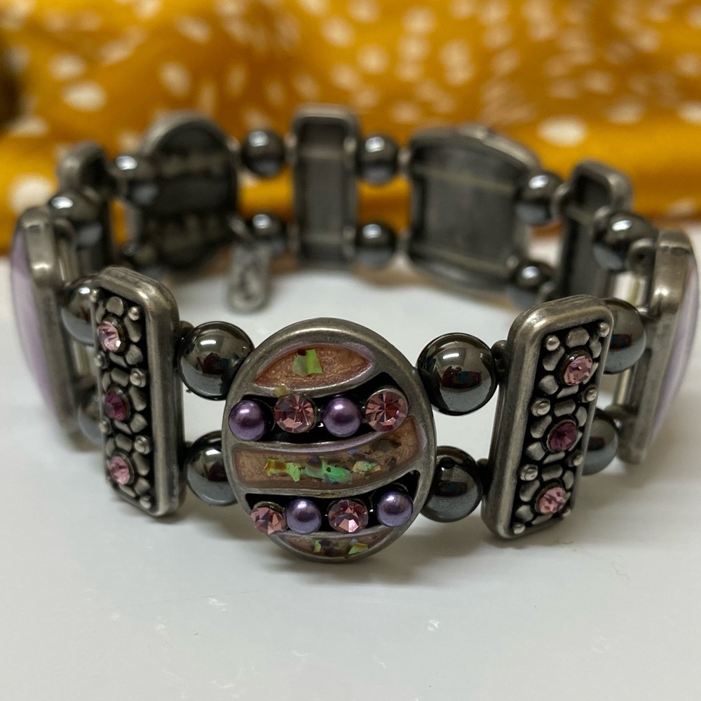 Vintage KM Stretch Purple Enamel Bracelet with lots of stones and love